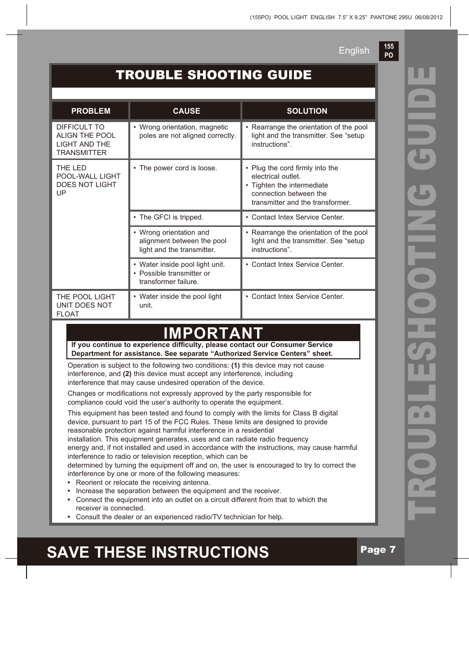 Troubleshooting guide, Save these instructions, Important | Trouble shooting guide | Intex WL3110 2013 User Manual | Page 7 / 9