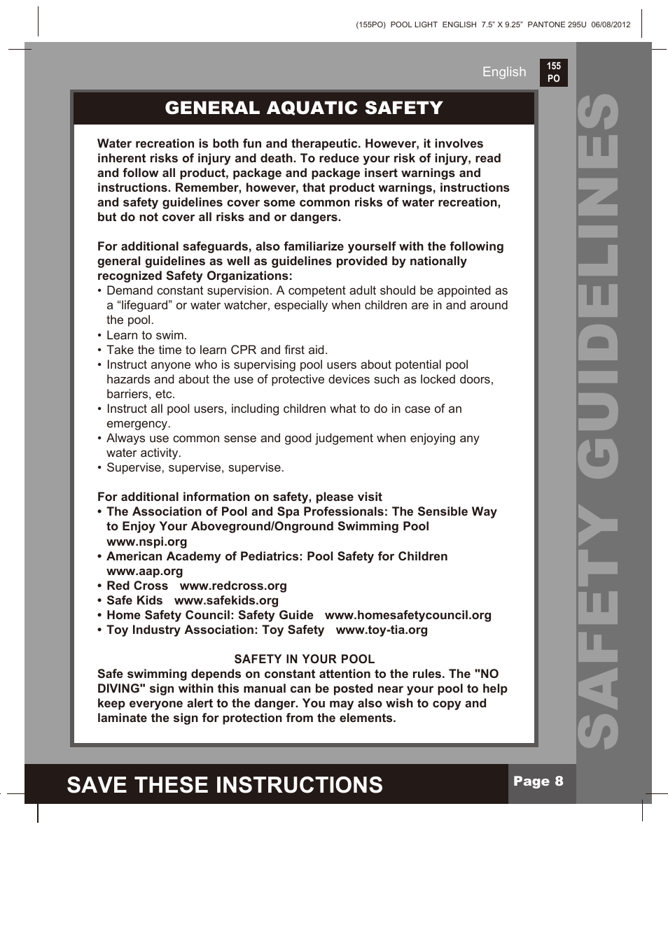 Safety guidelines, Save these instructions, General aquatic safety | Intex WL3110 2013 User Manual | Page 8 / 9