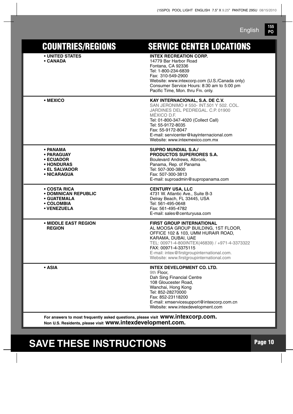Save these instructions, Countries/regions service center locations, English | Page 10 | Intex WL3110 2011 User Manual | Page 10 / 11