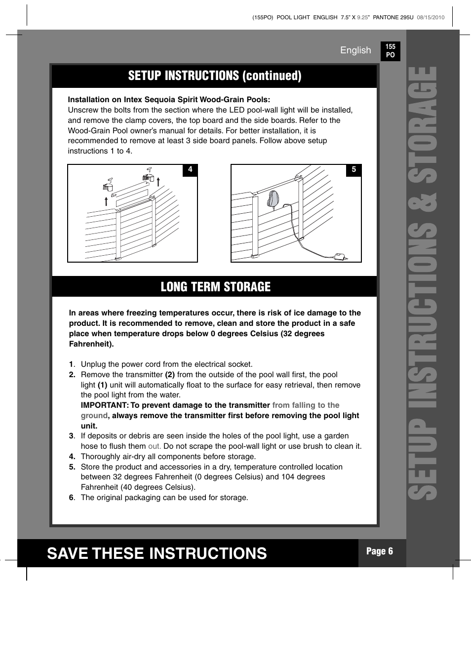 Setup instru c tions & storage, Save these instructions, Setup instructions (continued) | Long term storage | Intex WL3110 2011 User Manual | Page 6 / 11