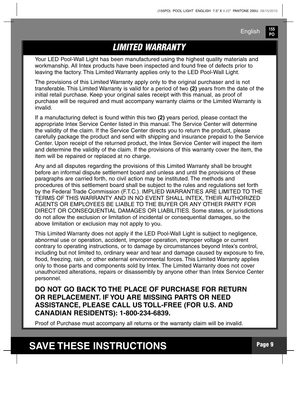 Save these instructions, Limited warranty, Parts list | Intex WL3110 2011 User Manual | Page 9 / 11