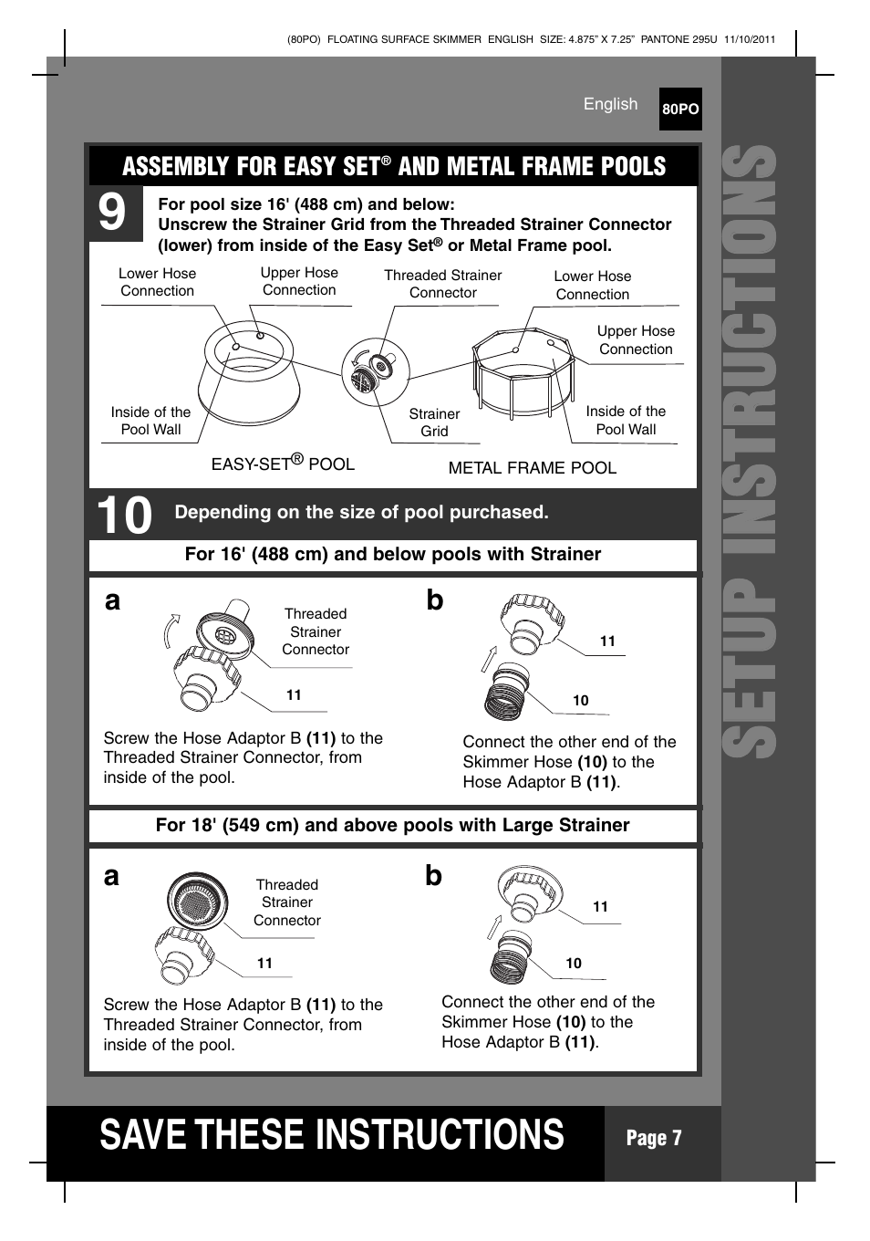 Ss ee tt uu pp ii nn ss tt rr uu cc tt iioo nn ss, S ave these instructions | Intex Floating Surface Skimmer v.1 User Manual | Page 7 / 12
