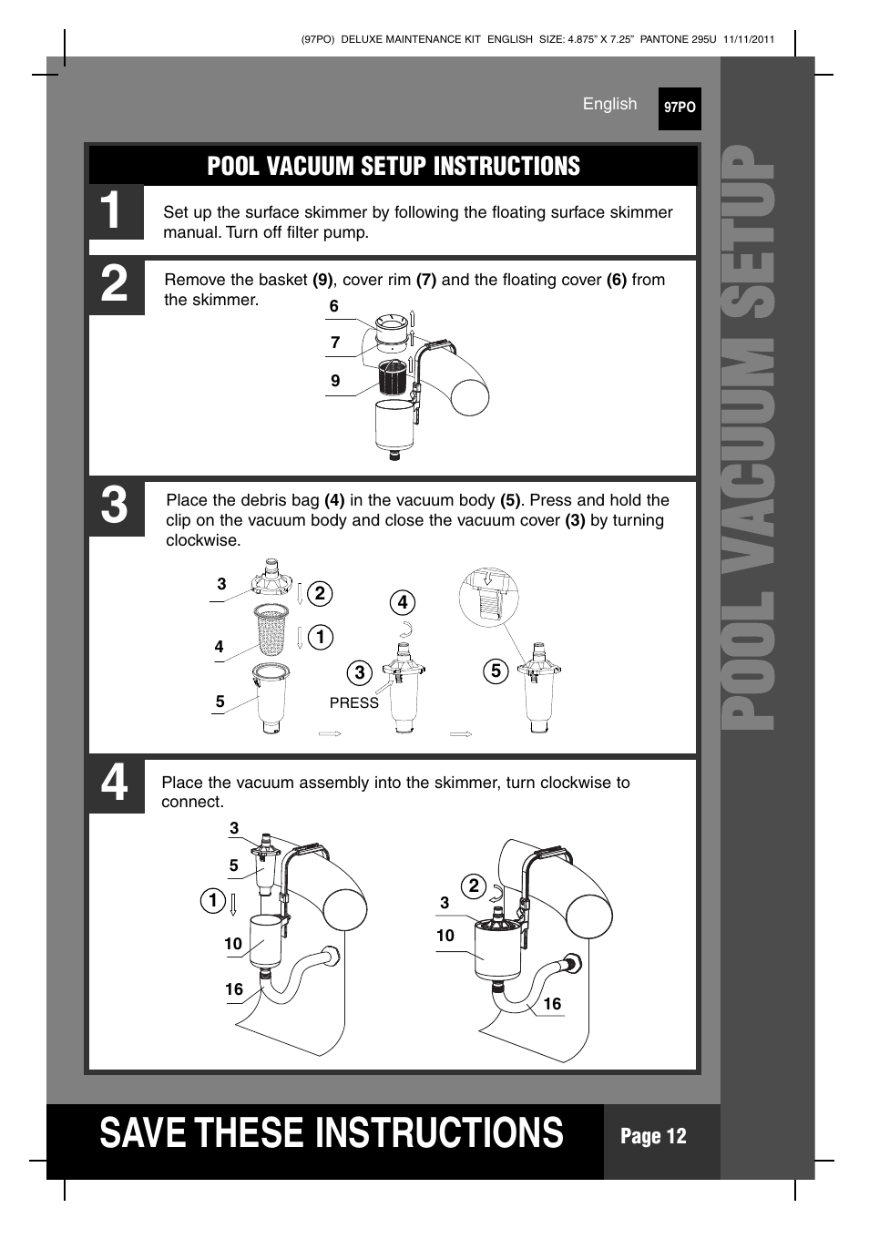 Pp oo oo ll vv aa cc uu uu mm ss ee tt uu pp, S ave these instructions | Intex Deluxe Maintenance Kit 2012 User Manual | Page 12 / 20