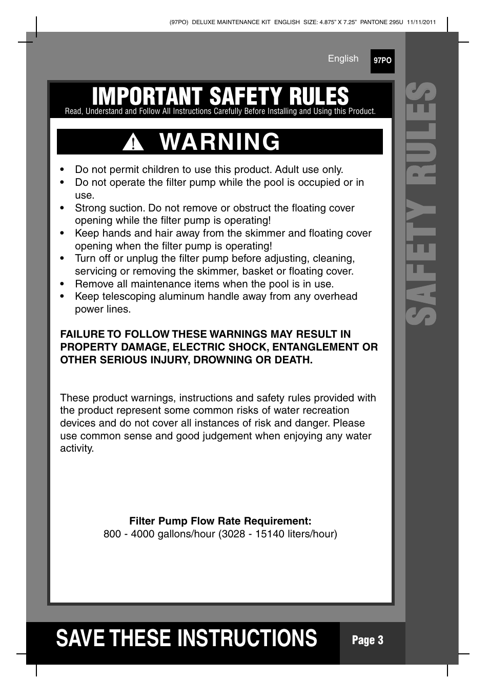 Ss aa ff ee tt yy rr uu ll ee ss, S ave these instructions, Important safety rules | Warning | Intex Deluxe Maintenance Kit 2012 User Manual | Page 3 / 20
