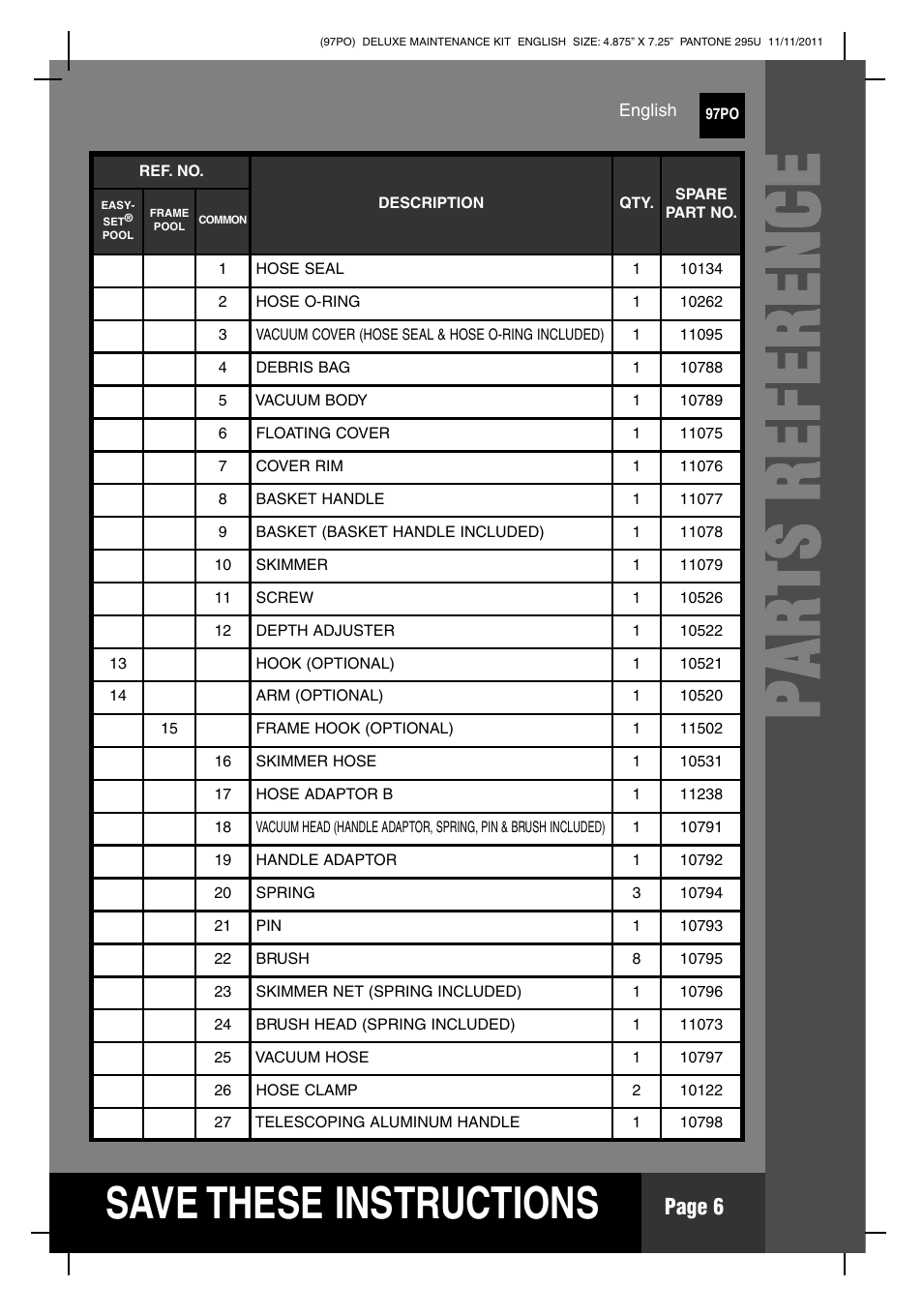 Pp aa rr tt ss rr ee ff ee rr ee nn cc ee, S ave these instructions | Intex Deluxe Maintenance Kit 2012 User Manual | Page 6 / 20