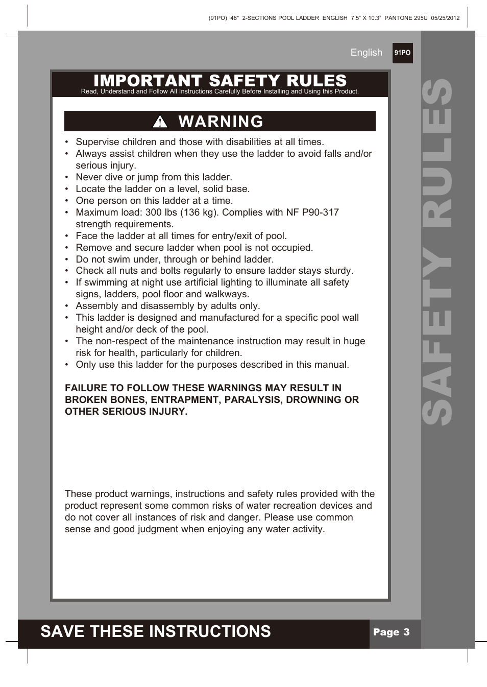 Safety rules, Save these instructions, Important safety rules | Warning | Intex Pool Ladder For 48in (122 cm) model 2013 User Manual | Page 3 / 10