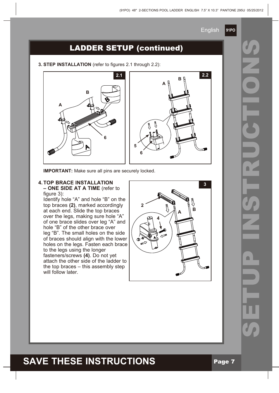 Setup instructions, Save these instructions, Ladder setup (continued) | Intex Pool Ladder For 48in (122 cm) model 2013 User Manual | Page 7 / 10