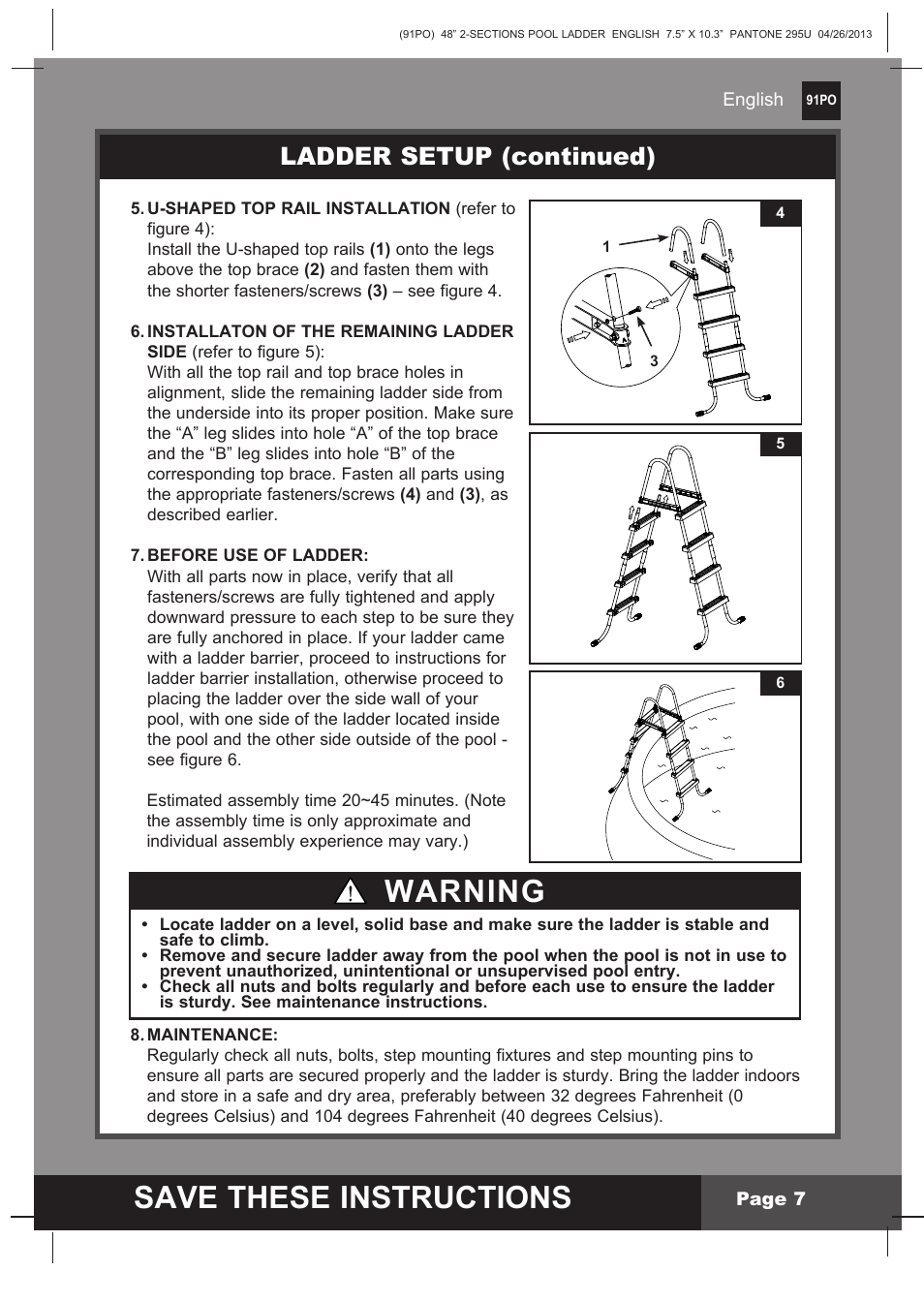 Save these instructions, Warning, Ladder setup (continued) | Intex Pool Ladder For 48in (122 cm) model 2014 User Manual | Page 7 / 9