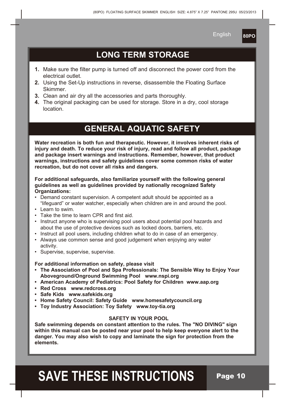 S ave these instructions, Long term storage general aquatic safety, Page 10 | Intex Floating Surface Skimmer v.3 User Manual | Page 10 / 10