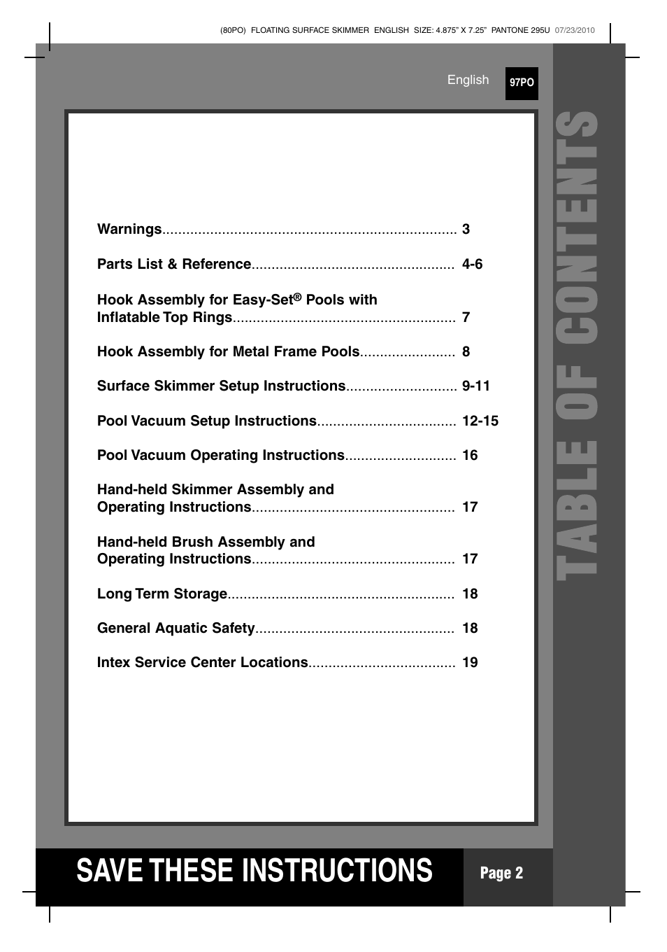 Tab le of cont e nt s, S ave these instructions | Intex Deluxe Maintenance Kit 2011 User Manual | Page 2 / 20
