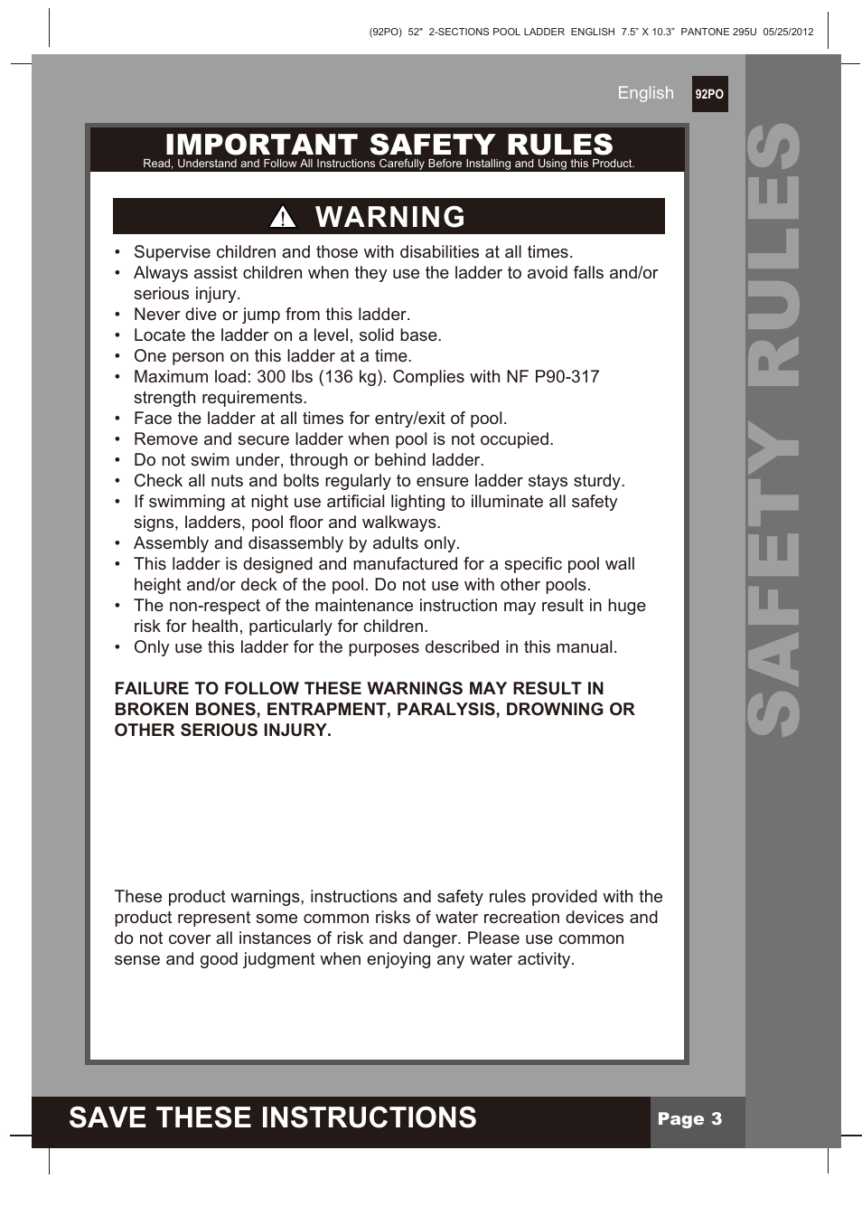 Safety rules, Save these instructions, Important safety rules | Warning | Intex Pool Ladder For 52in (132 cm) model 2013 User Manual | Page 3 / 10