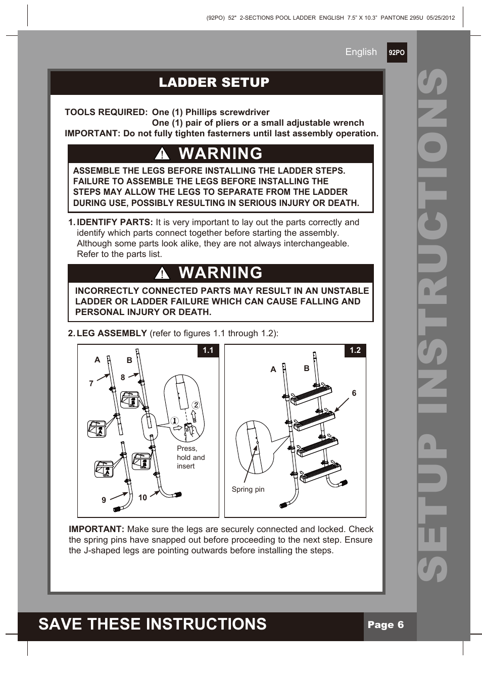 Setup instructions, Save these instructions, Warning | Ladder setup | Intex Pool Ladder For 52in (132 cm) model 2013 User Manual | Page 6 / 10