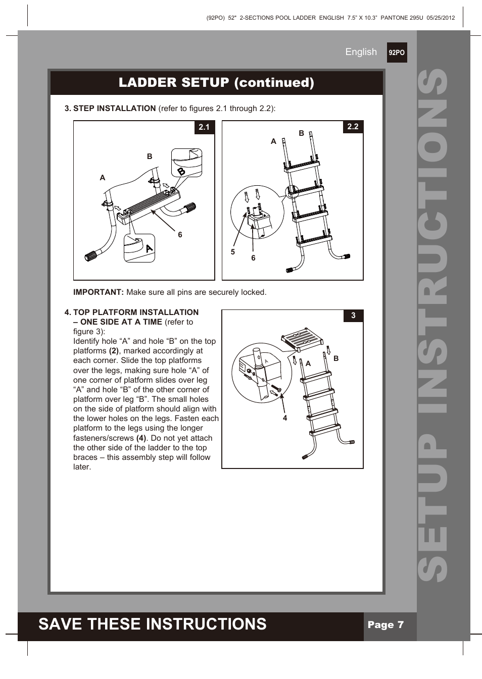 Setup instructions, Save these instructions, Ladder setup (continued) | Intex Pool Ladder For 52in (132 cm) model 2013 User Manual | Page 7 / 10