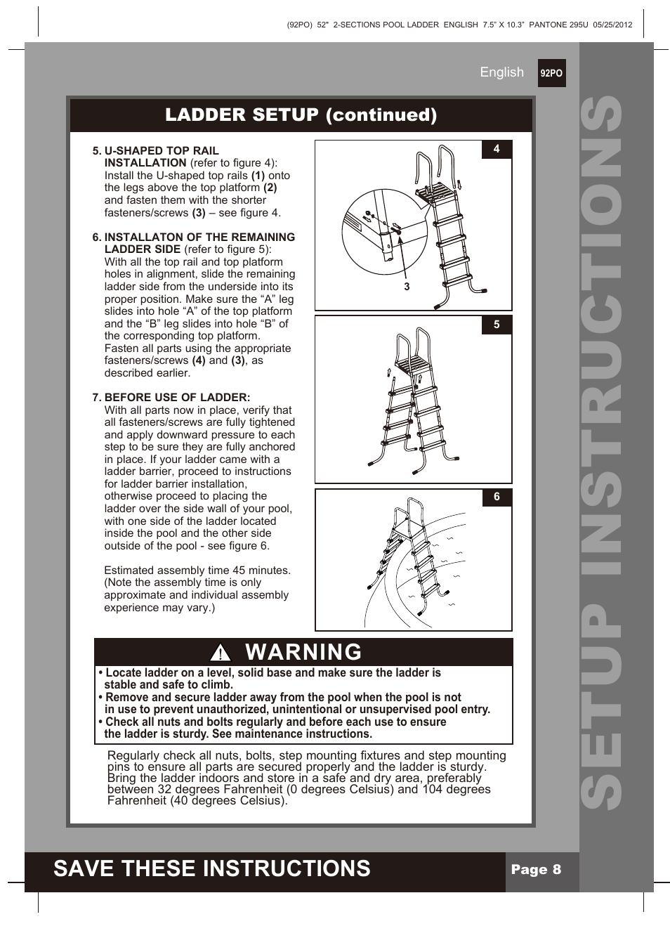 Setup instructions, Save these instructions, Warning | Ladder setup (continued) | Intex Pool Ladder For 52in (132 cm) model 2013 User Manual | Page 8 / 10