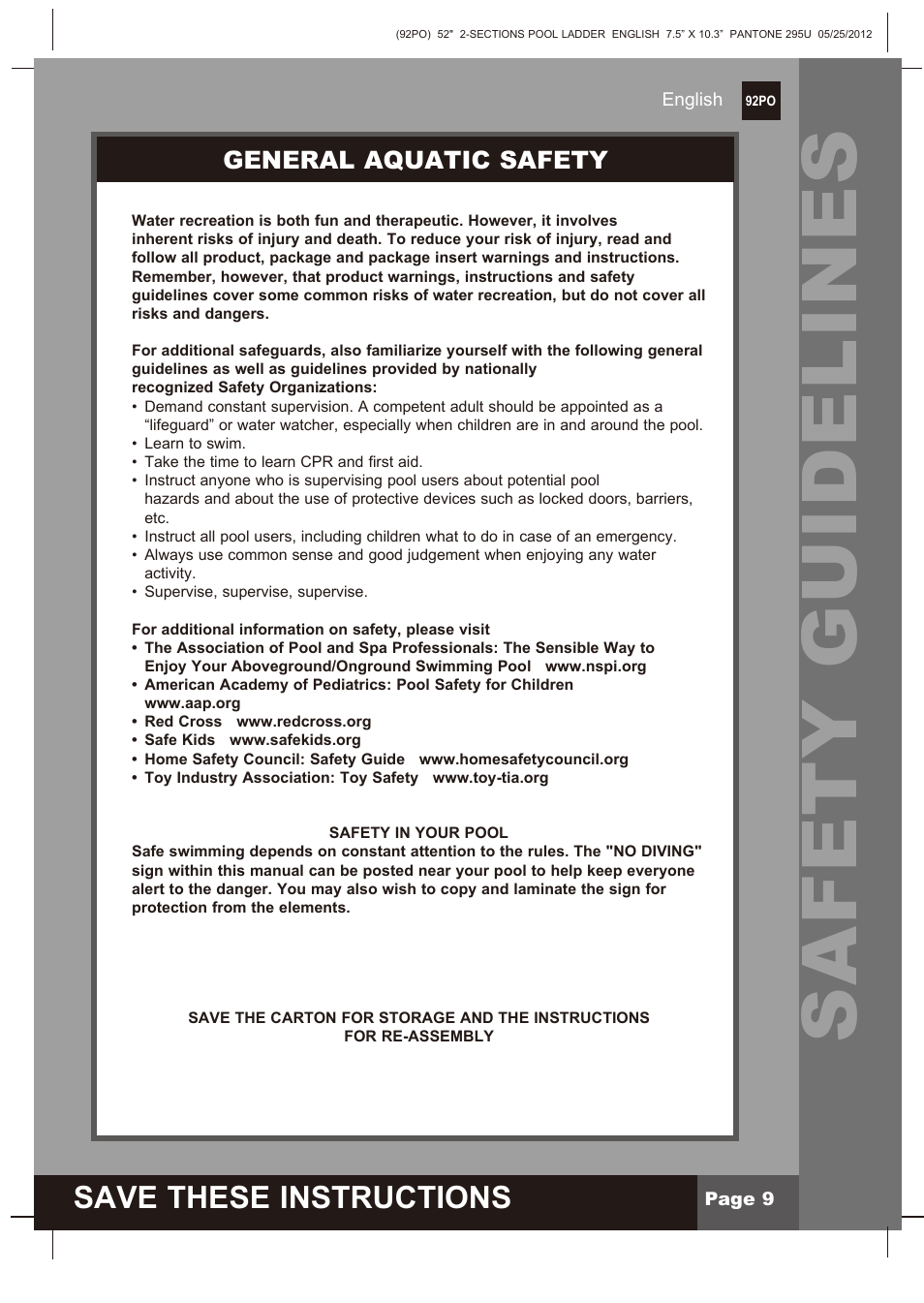 Safety guidelines, Save these instructions, General aquatic safety | Intex Pool Ladder For 52in (132 cm) model 2013 User Manual | Page 9 / 10