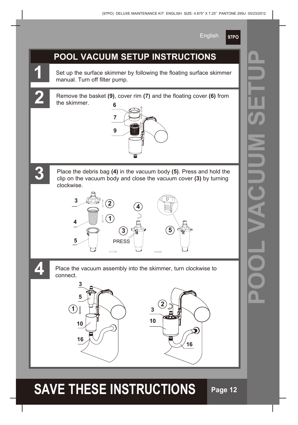 Pool vacuum setup, S ave these instructions | Intex Deluxe Maintenance Kit 2013 User Manual | Page 12 / 18