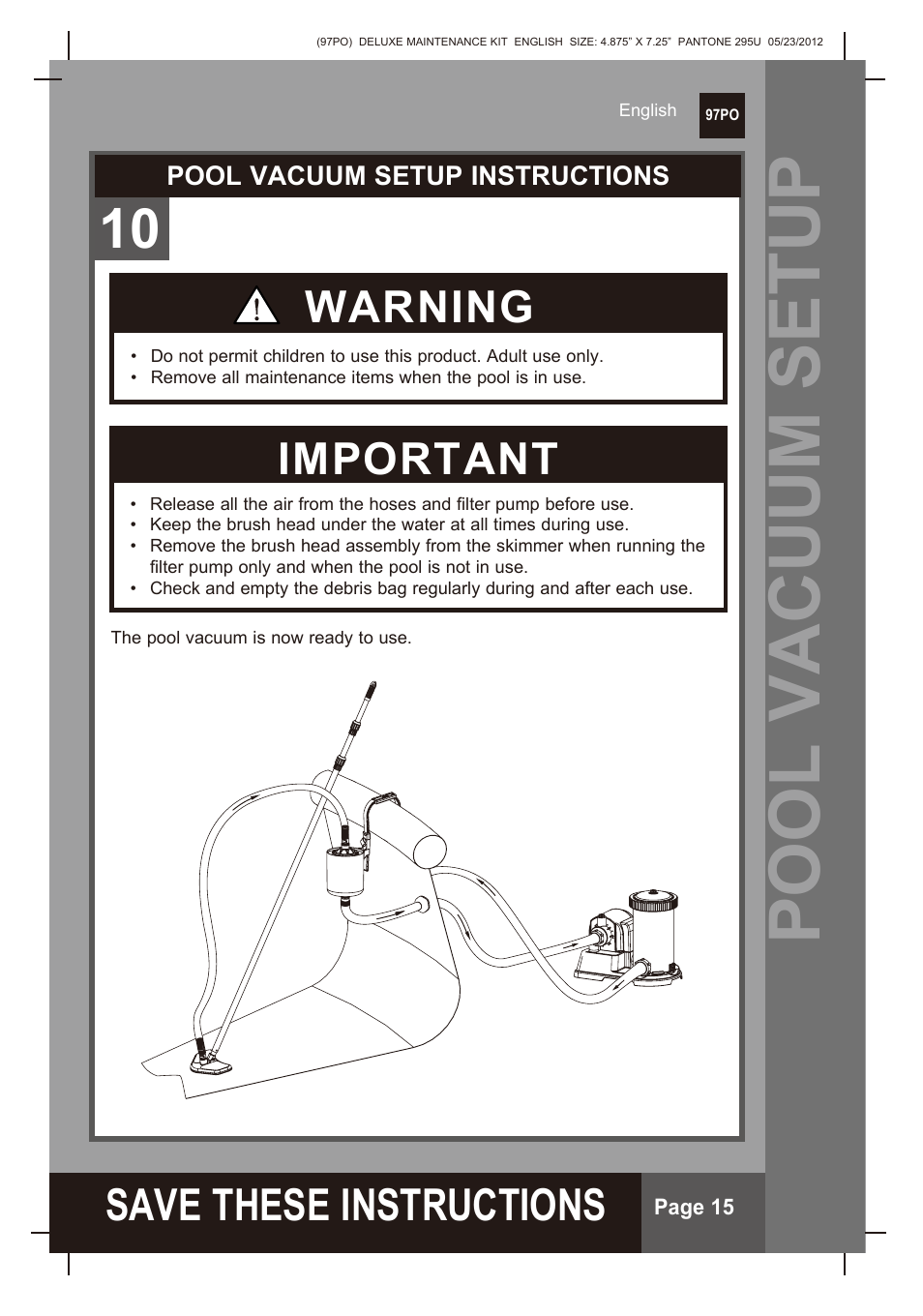 Pool vacuum setup, S ave these instructions, Warning | Important | Intex Deluxe Maintenance Kit 2013 User Manual | Page 15 / 18