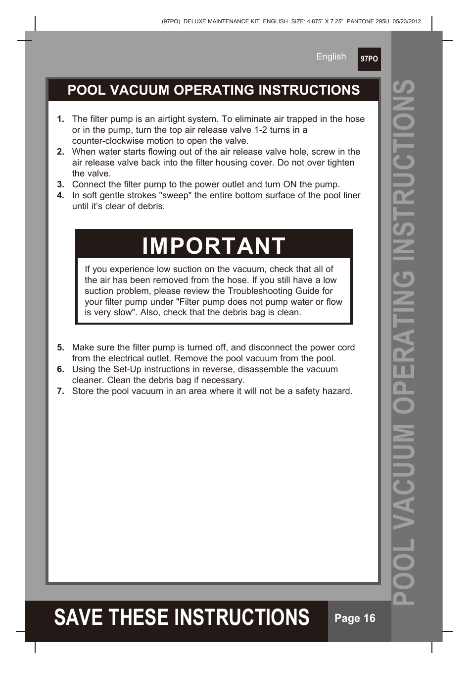 S ave these instructions, Important, Pool vacuum operating instructions | Intex Deluxe Maintenance Kit 2013 User Manual | Page 16 / 18