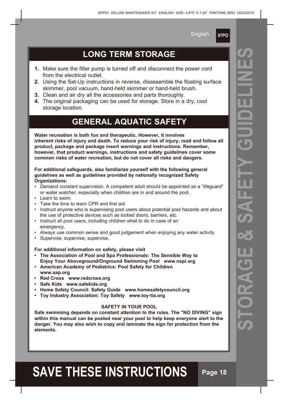 Storage & safety guidelines, S ave these instructions, Long term storage | General aquatic safety, Page 18 | Intex Deluxe Maintenance Kit 2013 User Manual | Page 18 / 18