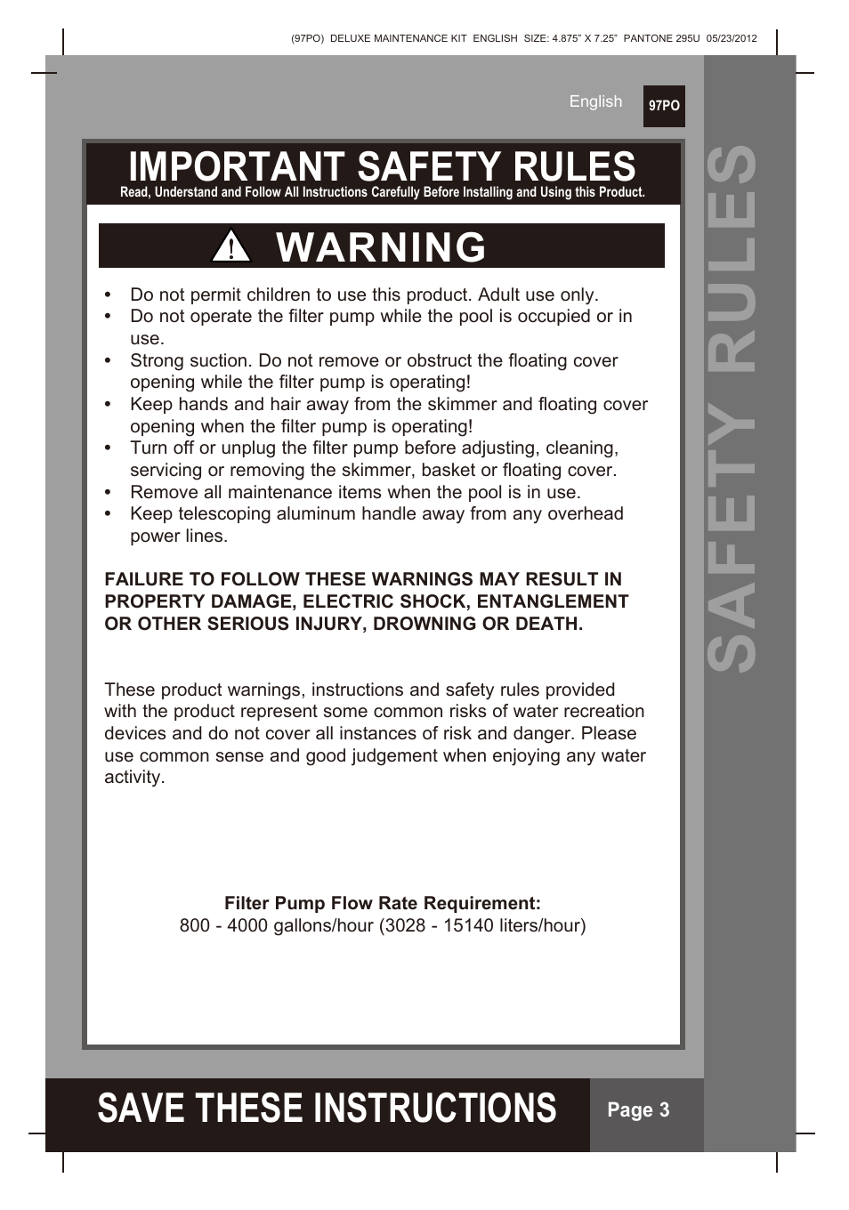 Safety rules, S ave these instructions, Important safety rules | Warning | Intex Deluxe Maintenance Kit 2013 User Manual | Page 3 / 18