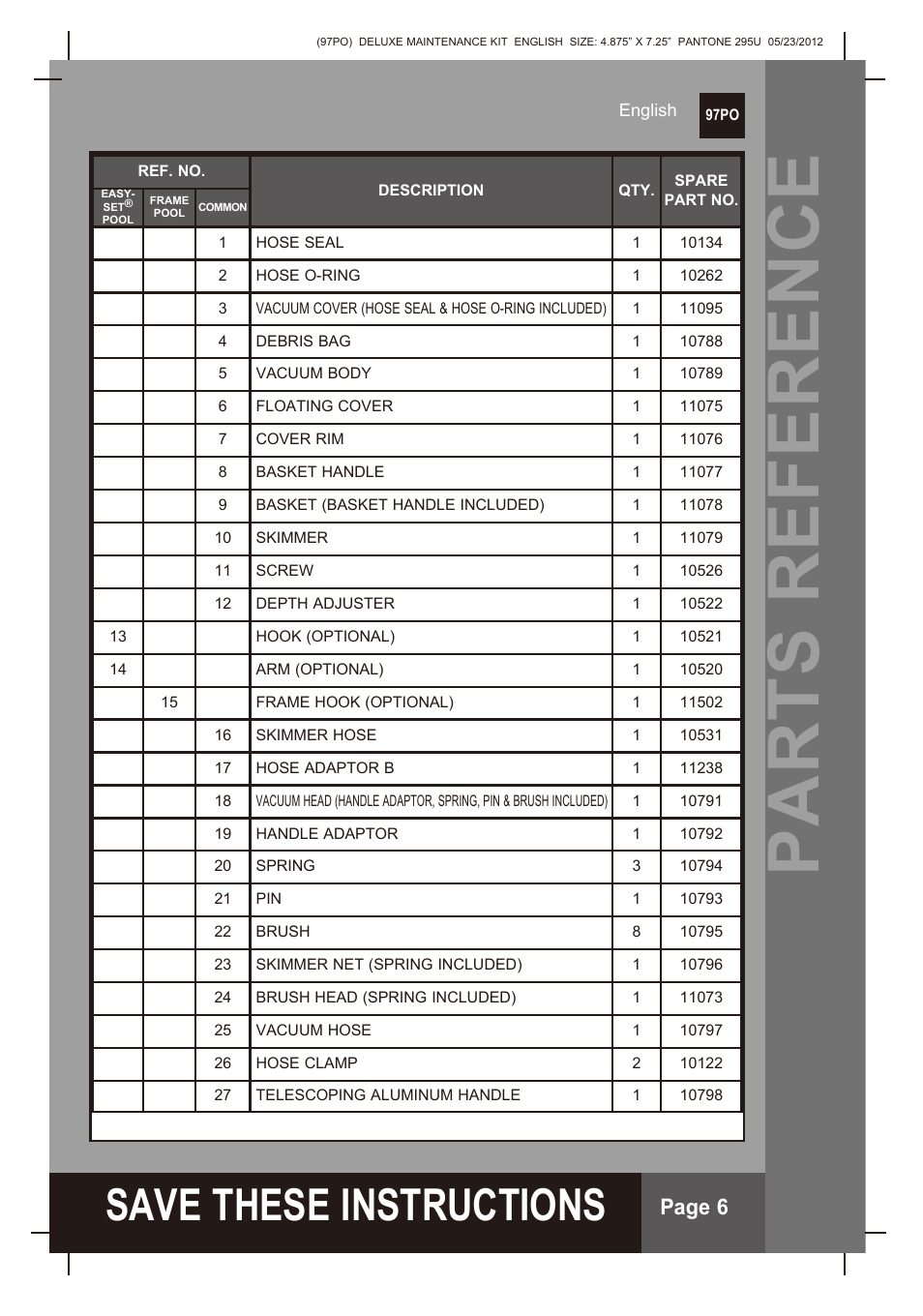 Parts reference, S ave these instructions, Page 6 | Intex Deluxe Maintenance Kit 2013 User Manual | Page 6 / 18