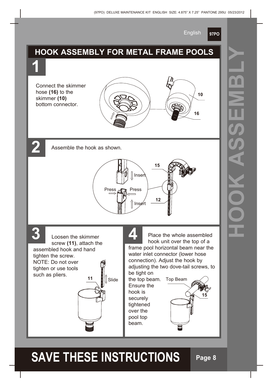 Hook assembly, S ave these instructions, Hook assembly for metal frame pools | Intex Deluxe Maintenance Kit 2013 User Manual | Page 8 / 18