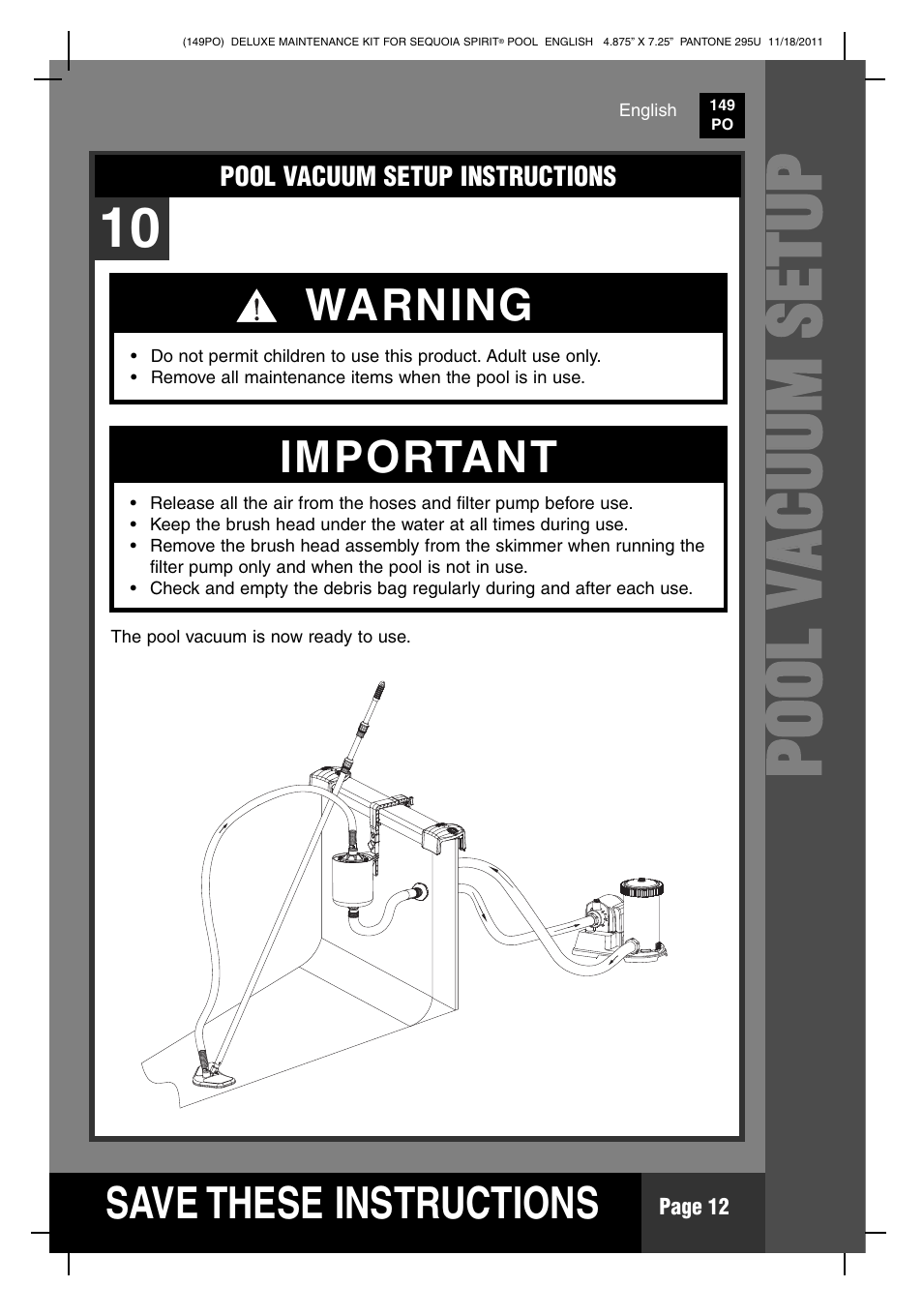 Pp oo oo ll vv aa cc uu uu mm ss ee tt uu pp | Intex Deluxe Maintenance Kit For 18 FT 8 IN X 53 IN SEQUOIA SPIRIT POOL 2012 User Manual | Page 12 / 17