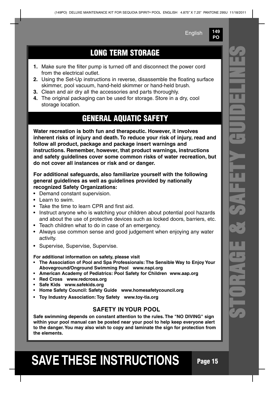 S ave these instructions | Intex Deluxe Maintenance Kit For 18 FT 8 IN X 53 IN SEQUOIA SPIRIT POOL 2012 User Manual | Page 15 / 17