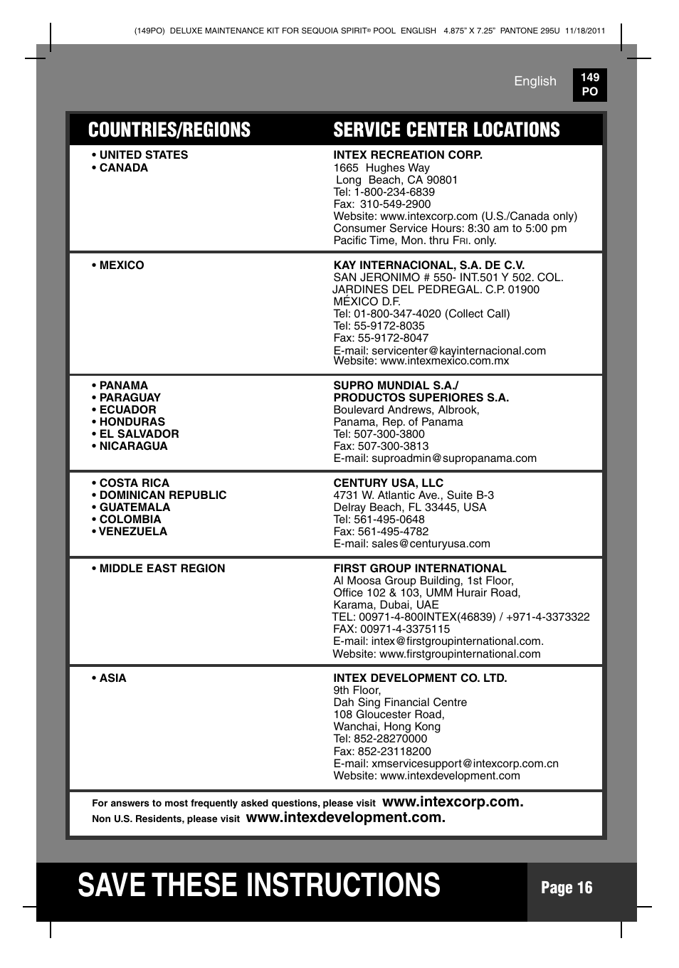 S ave these instructions, Countries/regions service center locations, Page 16 | Intex Deluxe Maintenance Kit For 18 FT 8 IN X 53 IN SEQUOIA SPIRIT POOL 2012 User Manual | Page 16 / 17