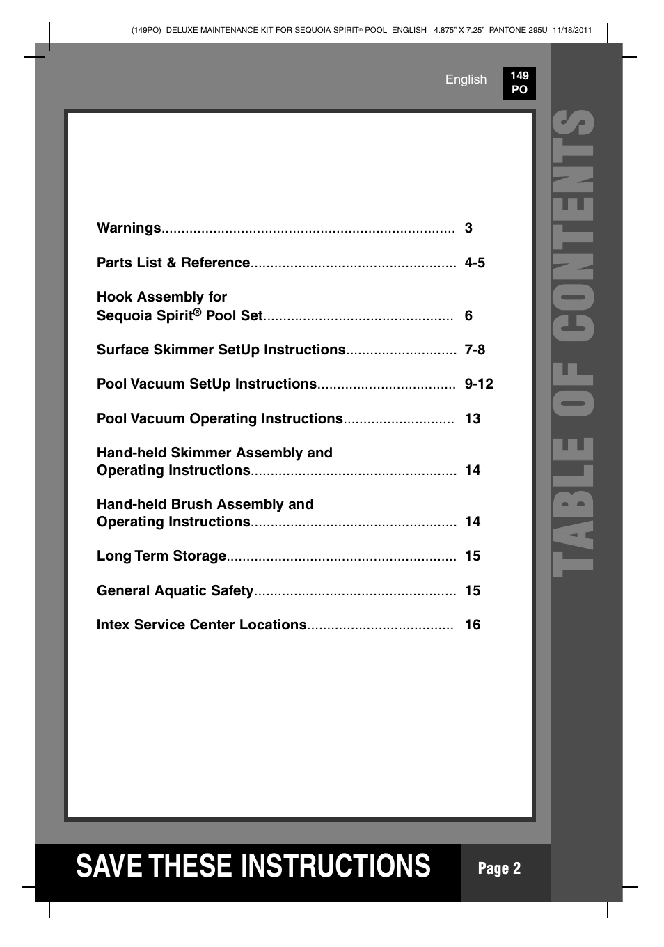 Tt aa bb ll ee oo ff cc oo nn tt ee nn tt ss, S ave these instructions | Intex Deluxe Maintenance Kit For 18 FT 8 IN X 53 IN SEQUOIA SPIRIT POOL 2012 User Manual | Page 2 / 17