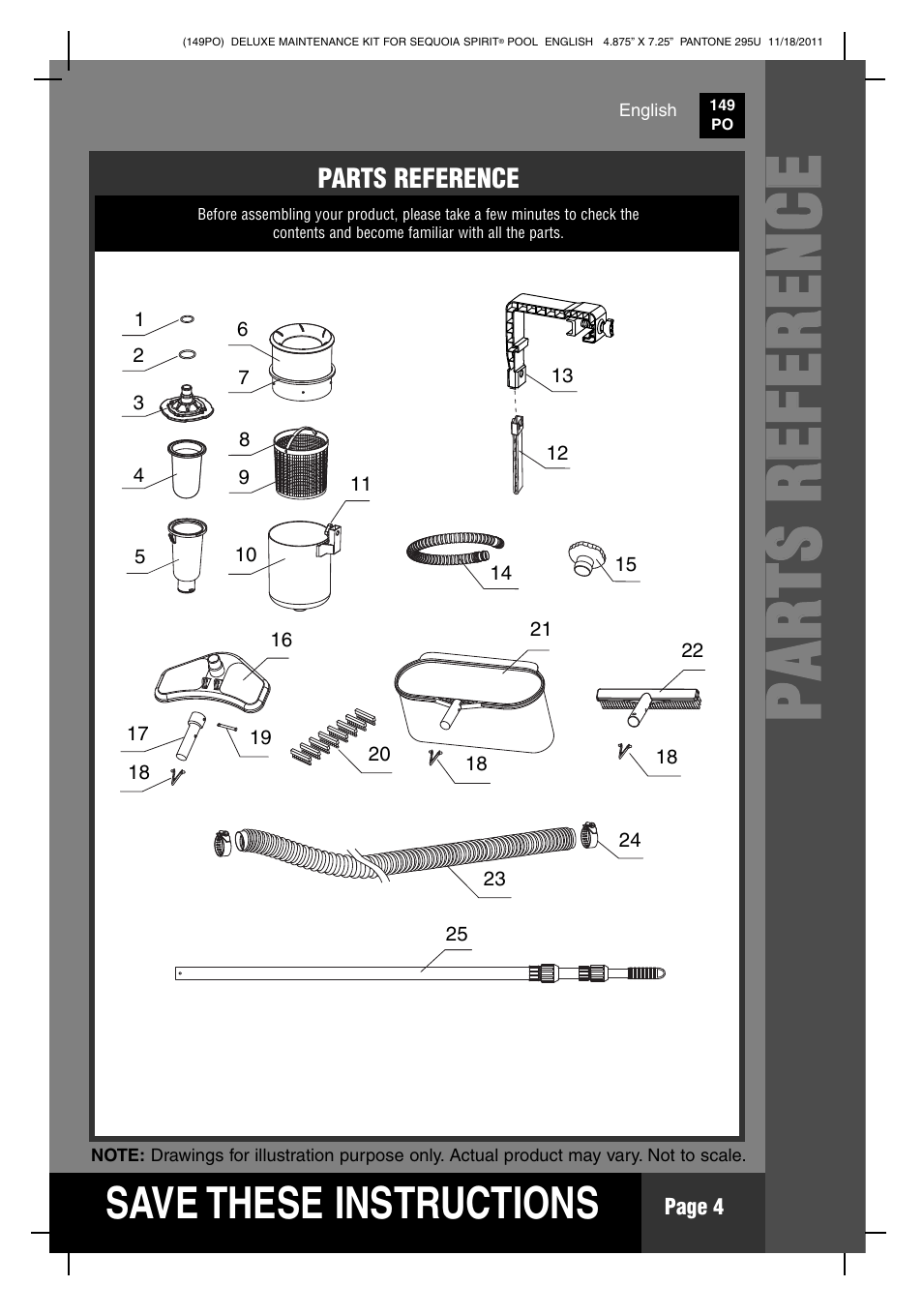 Pp aa rr tt ss rr ee ff ee rr ee nn cc ee, S ave these instructions | Intex Deluxe Maintenance Kit For 18 FT 8 IN X 53 IN SEQUOIA SPIRIT POOL 2012 User Manual | Page 4 / 17