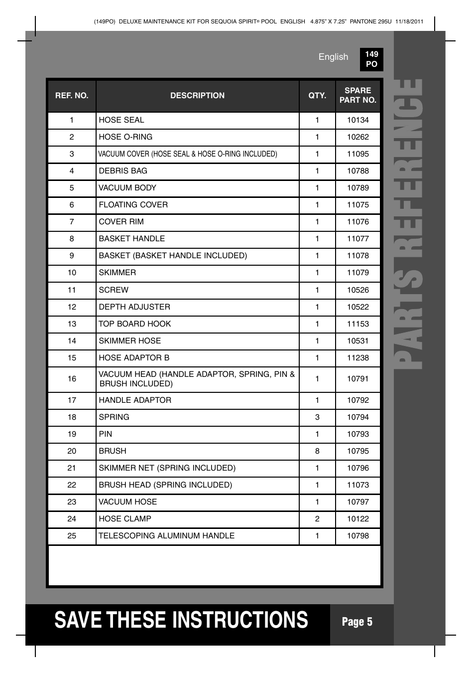 Pp aa rr tt ss rr ee ff ee rr ee nn cc ee, S ave these instructions | Intex Deluxe Maintenance Kit For 18 FT 8 IN X 53 IN SEQUOIA SPIRIT POOL 2012 User Manual | Page 5 / 17