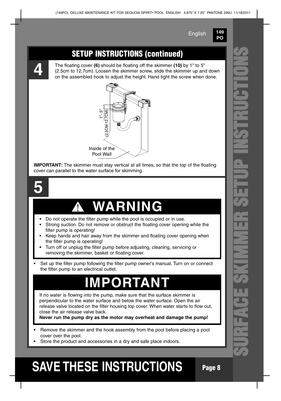 S ave these instructions, Warning, Important | Intex Deluxe Maintenance Kit For 18 FT 8 IN X 53 IN SEQUOIA SPIRIT POOL 2012 User Manual | Page 8 / 17