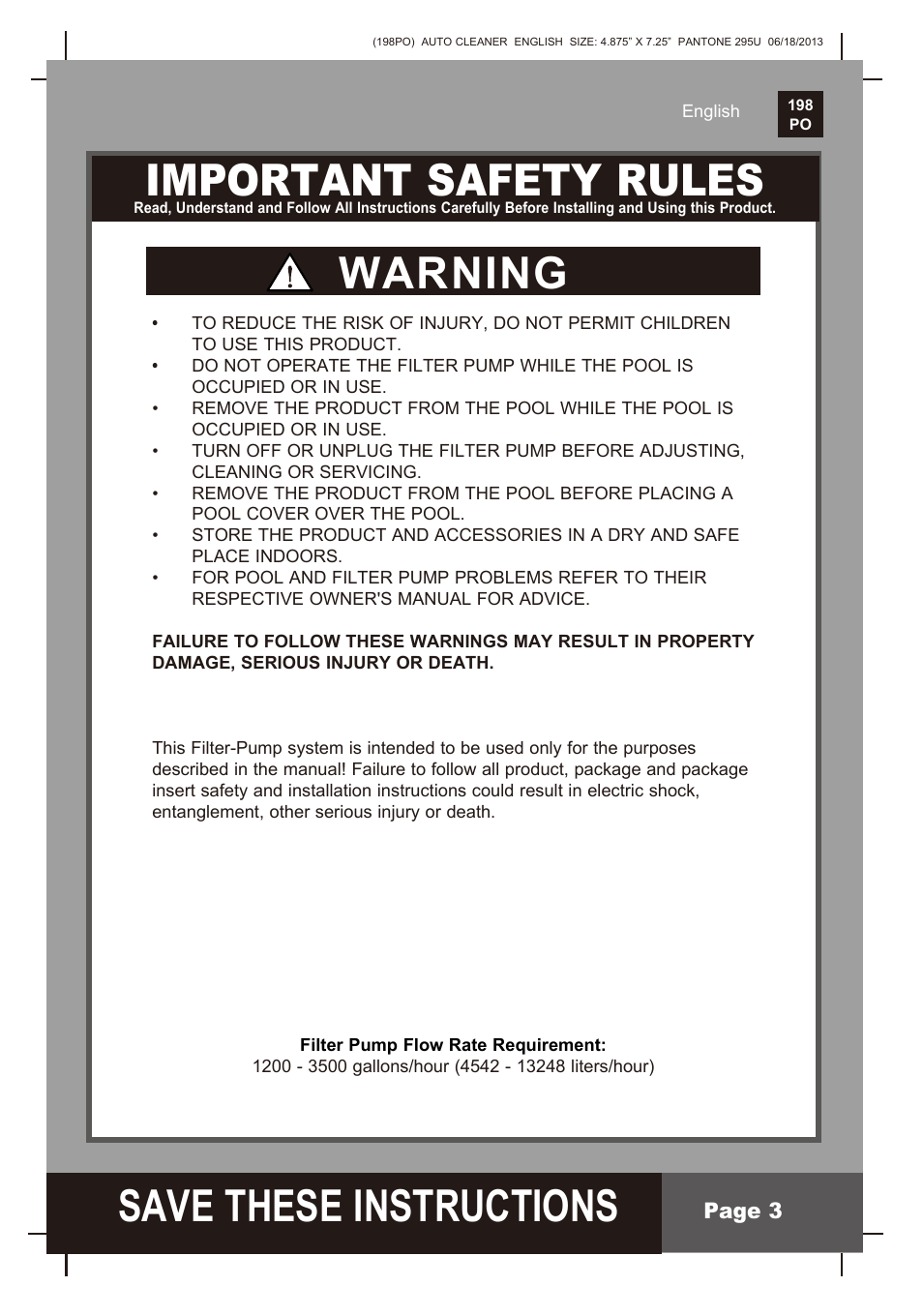 S ave these instructions, Important safety rules, Warning | Intex AUTO POOL CLEANER User Manual | Page 3 / 9
