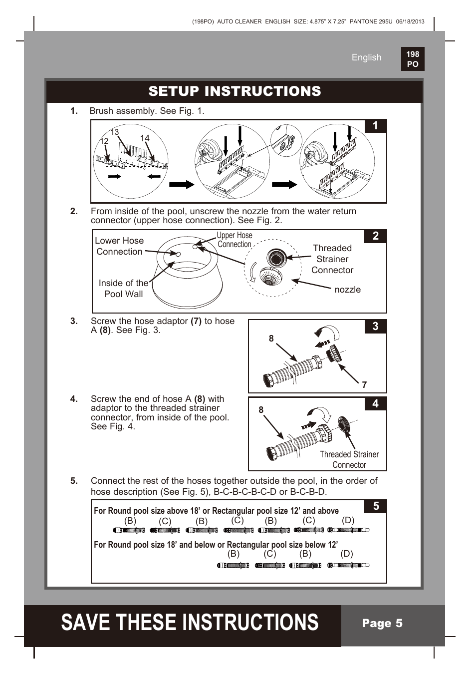 S ave these instructions, Setup instructions | Intex AUTO POOL CLEANER User Manual | Page 5 / 9