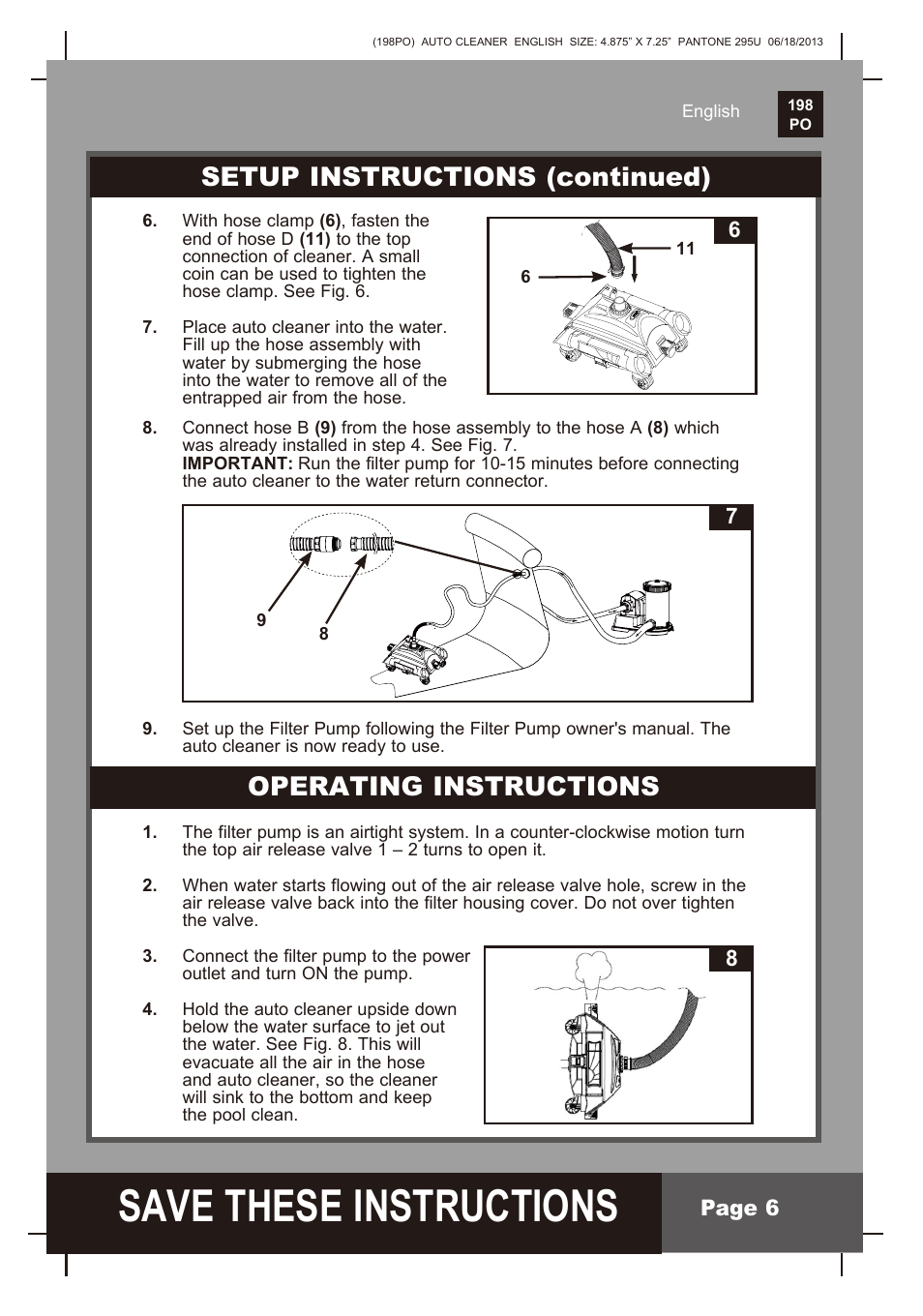 S ave these instructions, Operating instructions, Setup instructions (continued) | Intex AUTO POOL CLEANER User Manual | Page 6 / 9