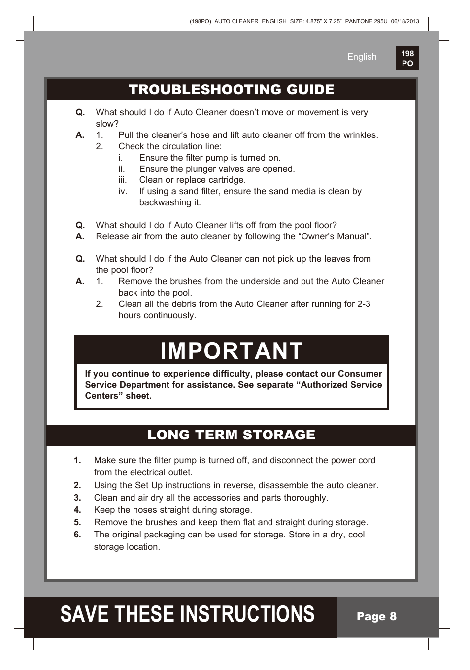S ave these instructions, Important, Long term storage | Troubleshooting guide | Intex AUTO POOL CLEANER User Manual | Page 8 / 9