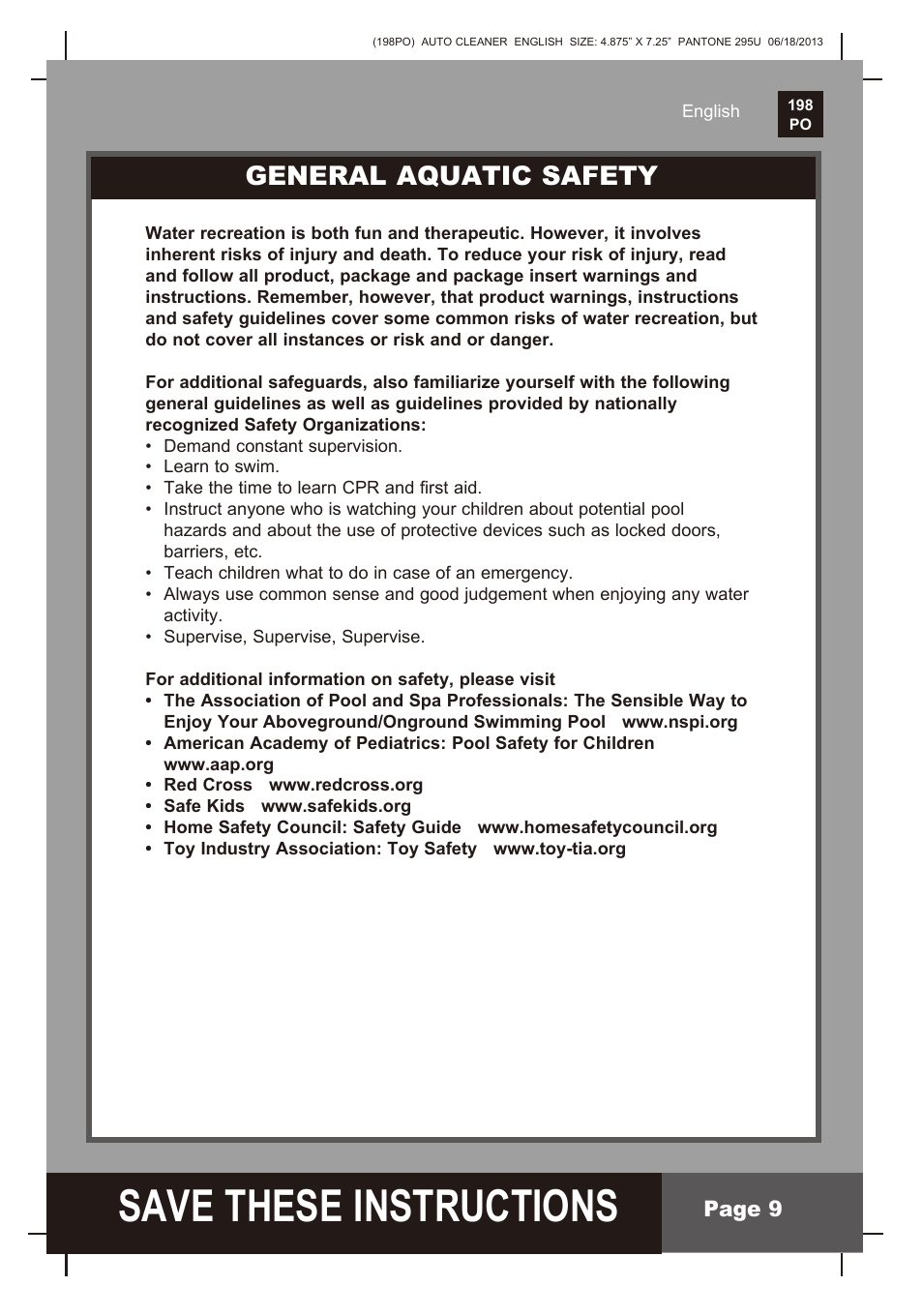 S ave these instructions, General aquatic safety | Intex AUTO POOL CLEANER User Manual | Page 9 / 9