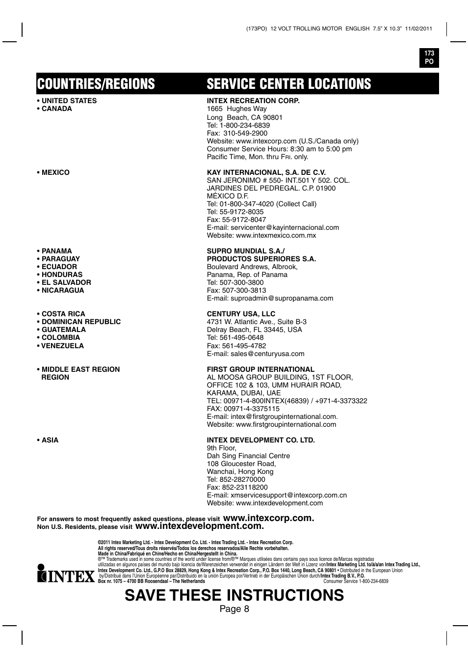 Save these instructions, Countries/regions service center locations, Page 8 | Intex BM4212 2012 User Manual | Page 8 / 8