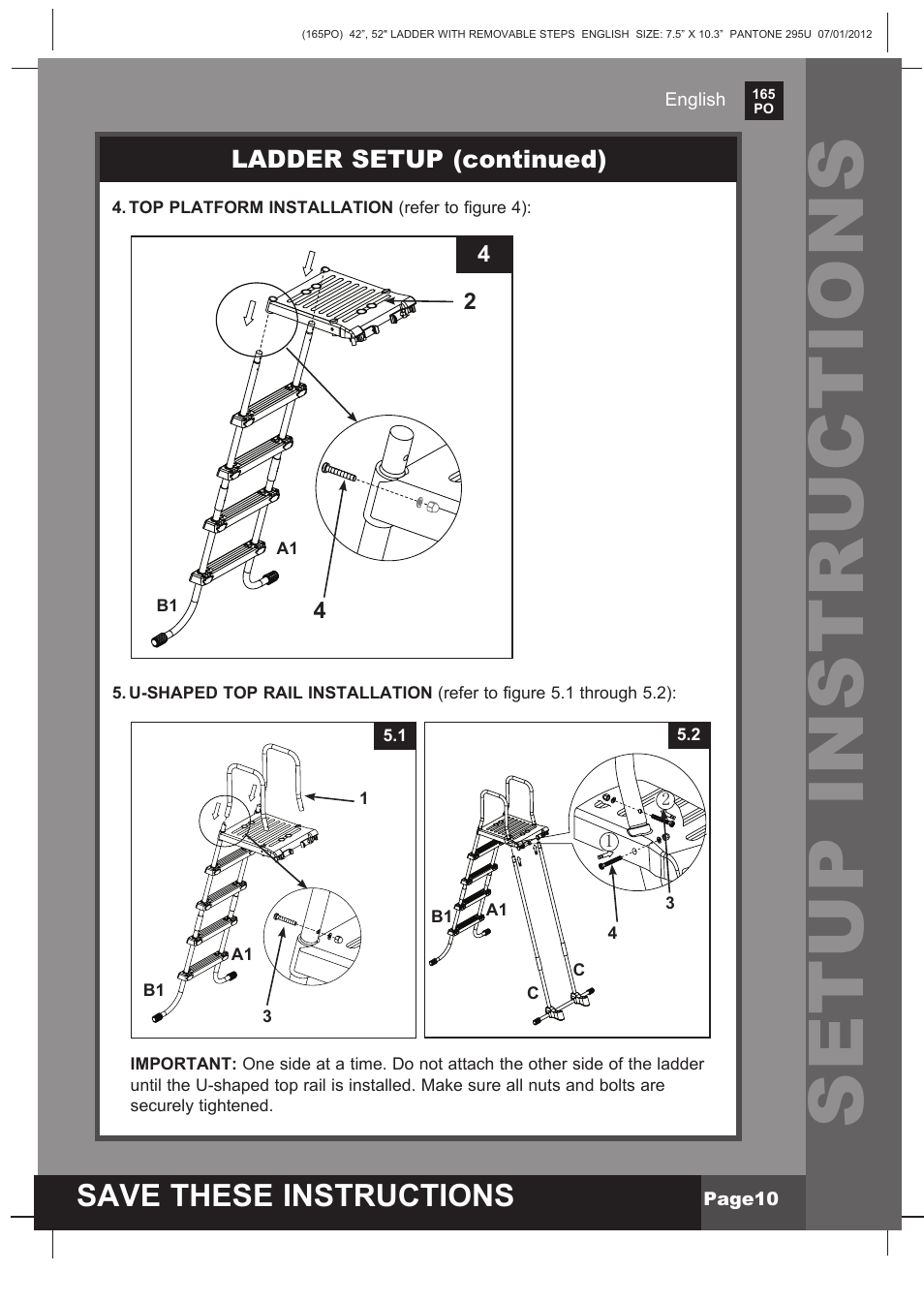 Setup instructions, Save these instructions | Intex Ladder with Removable Steps For 52in (132 cm) User Manual | Page 10 / 14