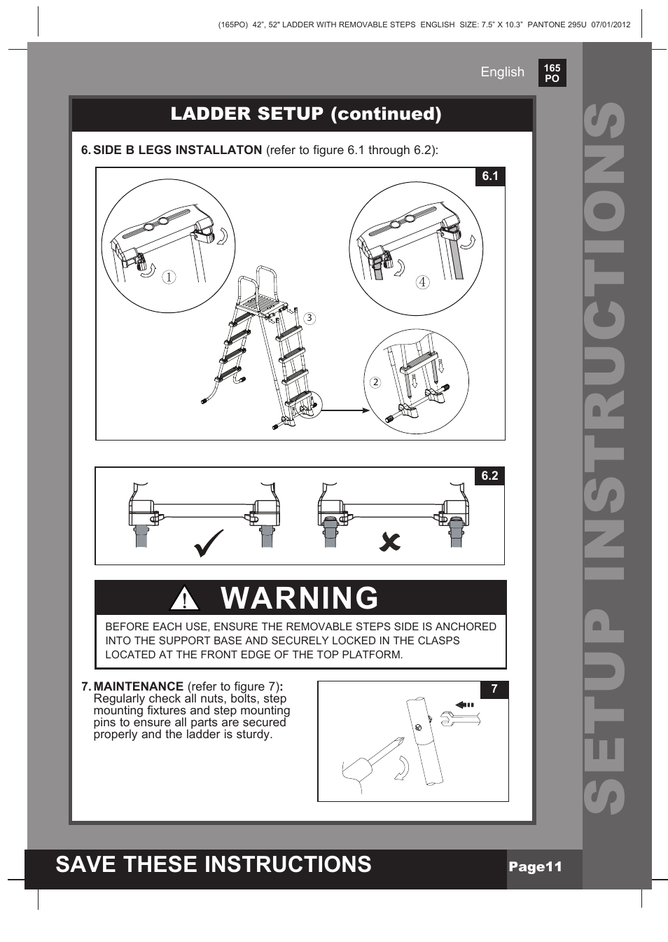 Setup instructions, Warning, Save these instructions | Ladder setup (continued) | Intex Ladder with Removable Steps For 52in (132 cm) User Manual | Page 11 / 14