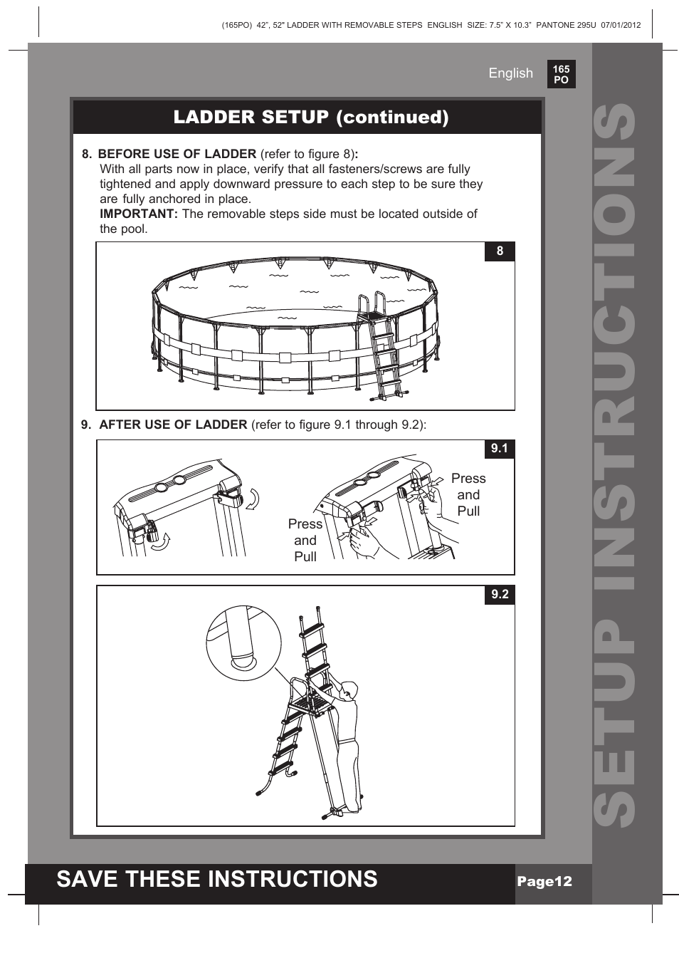 Setup instructions, Save these instructions | Intex Ladder with Removable Steps For 52in (132 cm) User Manual | Page 12 / 14
