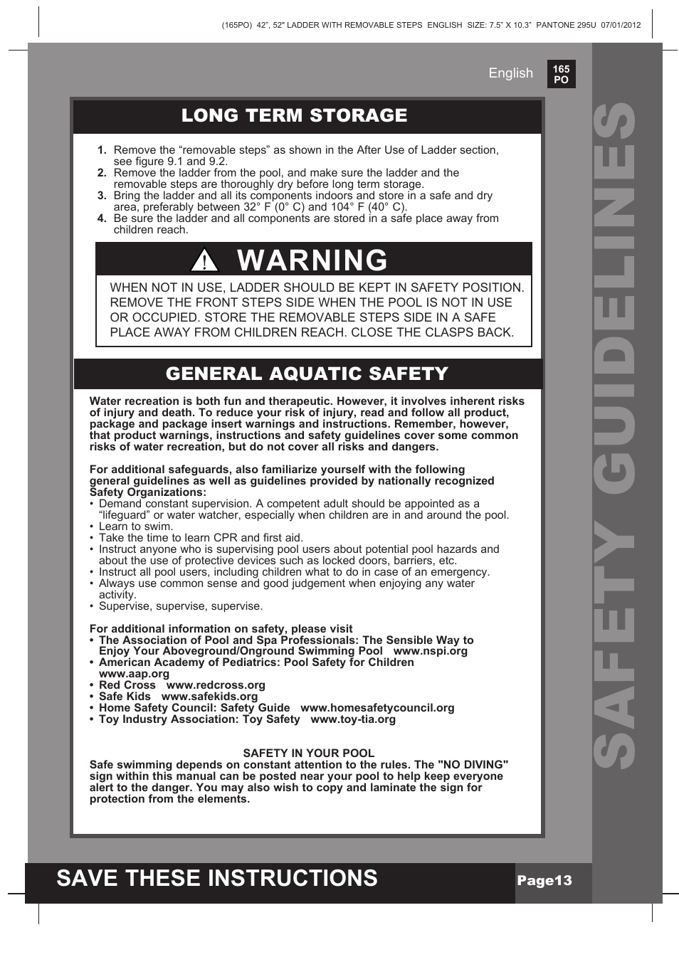 Safety guidelines, Warning, Save these instructions | Long term storage, General aquatic safety | Intex Ladder with Removable Steps For 52in (132 cm) User Manual | Page 13 / 14