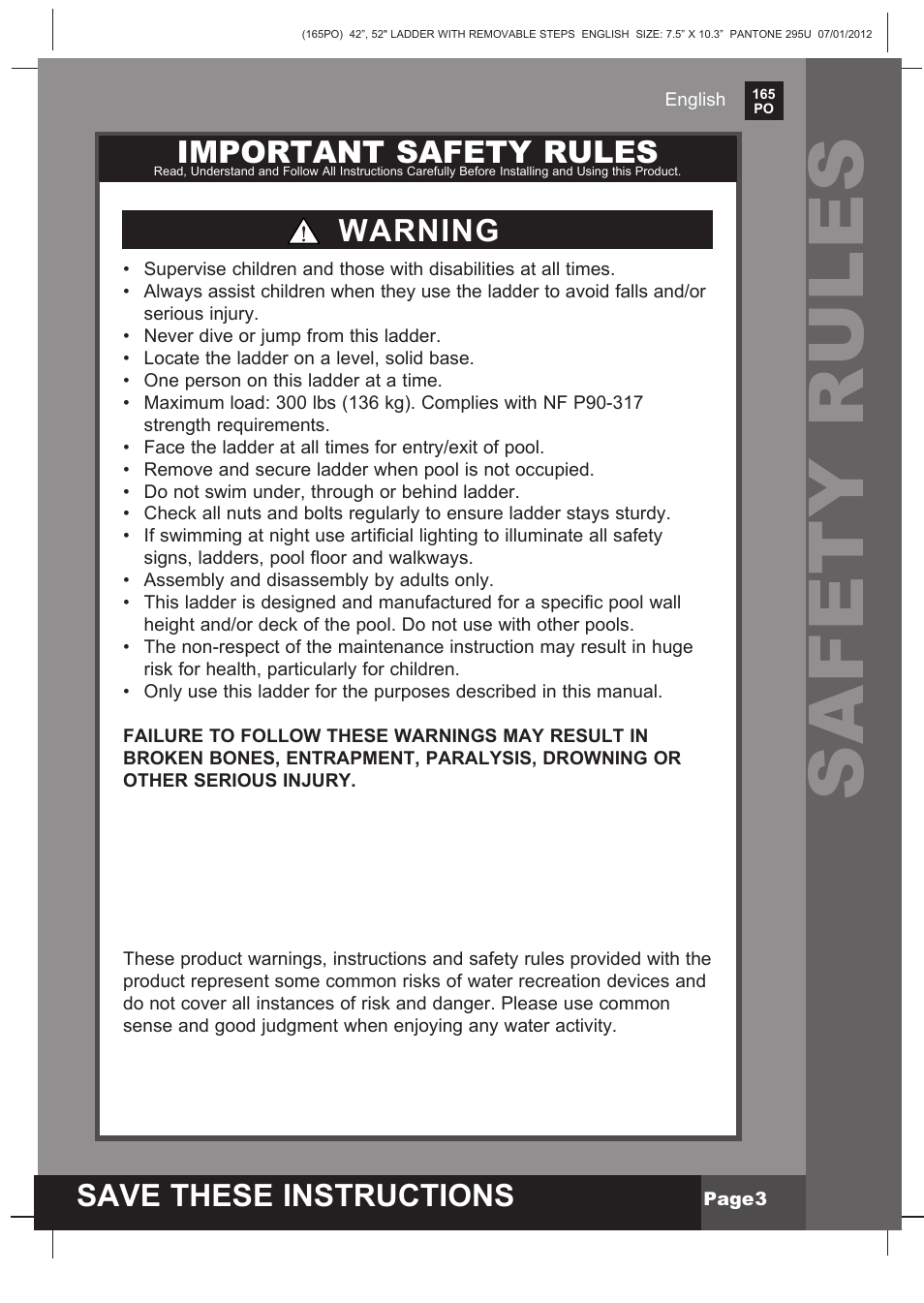 Safety rules, Save these instructions, Important safety rules | Warning | Intex Ladder with Removable Steps For 52in (132 cm) User Manual | Page 3 / 14