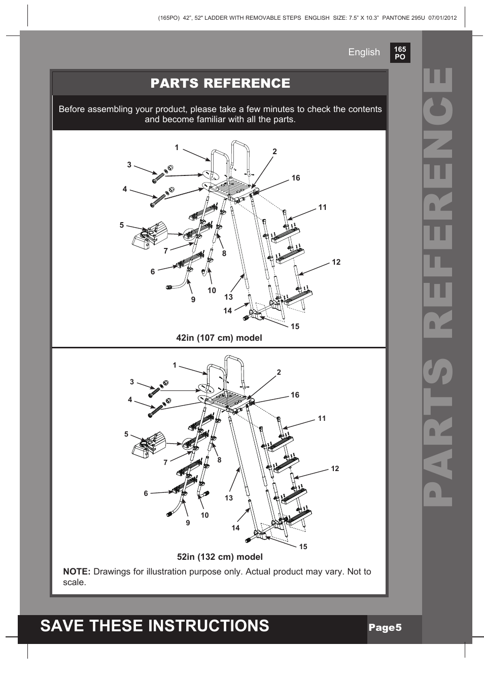 Parts reference, Save these instructions | Intex Ladder with Removable Steps For 52in (132 cm) User Manual | Page 5 / 14