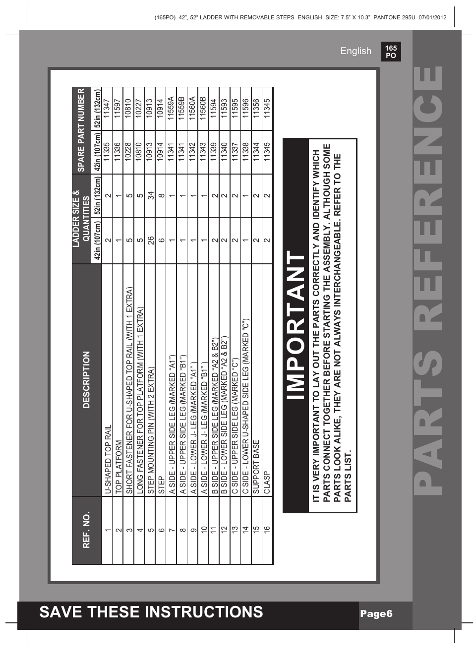 Parts reference, Important, Save these instructions | Intex Ladder with Removable Steps For 52in (132 cm) User Manual | Page 6 / 14