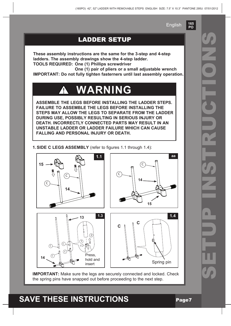 Setup instructions, Warning, Save these instructions | Ladder setup | Intex Ladder with Removable Steps For 52in (132 cm) User Manual | Page 7 / 14