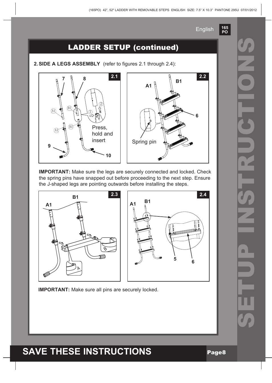 Setup instructions, Save these instructions, Ladder setup (continued) | Intex Ladder with Removable Steps For 52in (132 cm) User Manual | Page 8 / 14