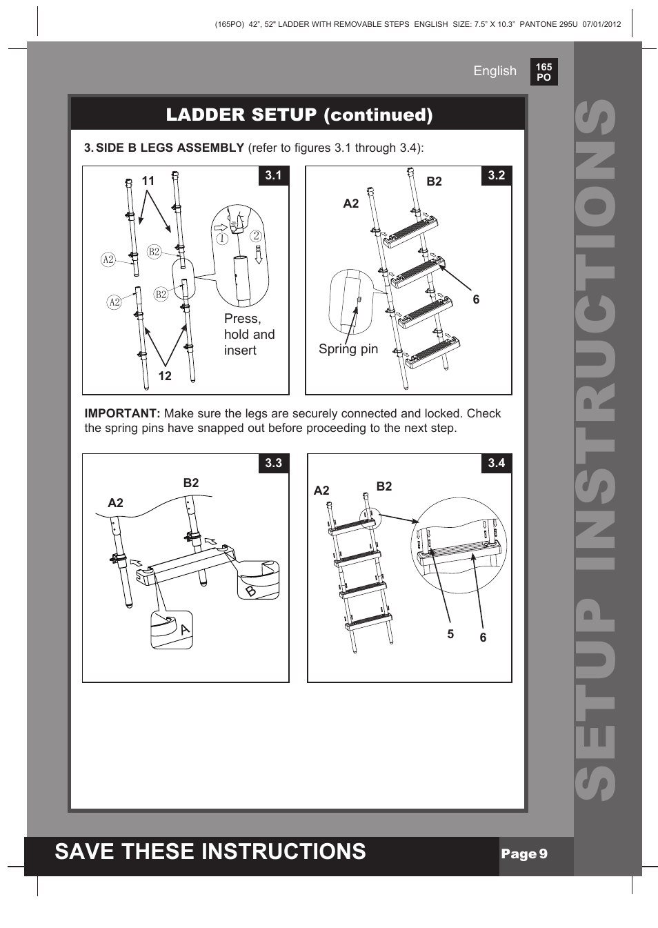 Setup instructions, Save these instructions, Ladder setup (continued) | Intex Ladder with Removable Steps For 52in (132 cm) User Manual | Page 9 / 14