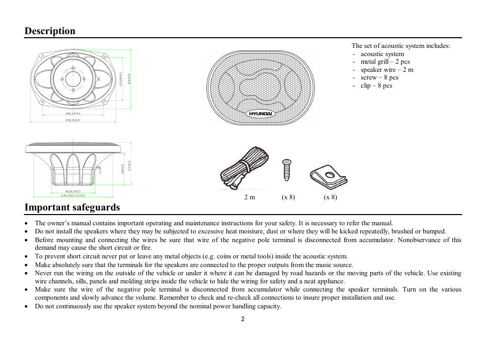 Description, Important safeguards | Hyundai H-CSF693 User Manual | Page 2 / 11
